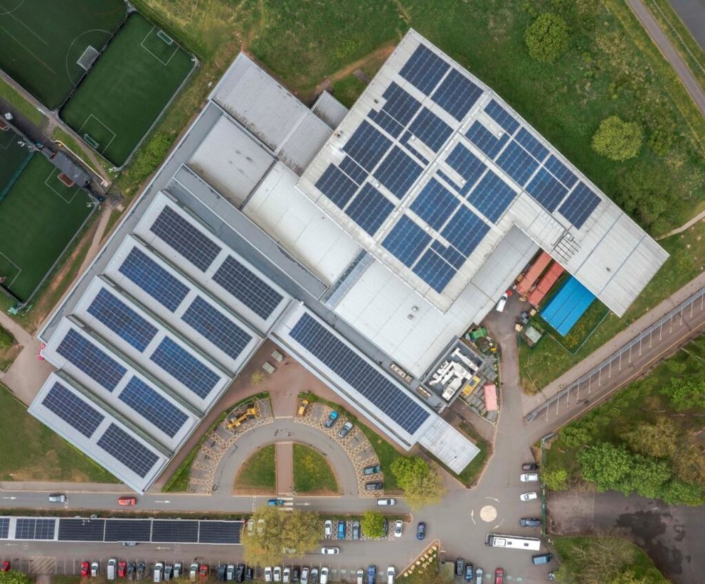Aerial view of of 571.5 kWp solar PV system at Harvey Hadden Sports Village in Bilborough, Nottingham