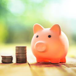 Piggy bank with two stacks of coins next to it